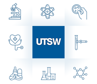 UTSW logo surrounded by medical and scientific icons