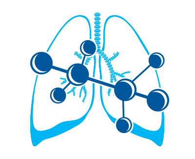 Blue stylized lungs with an overlaid molecular structure diagram