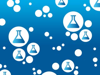 Blue background with laboratory flasks inside floating white bubbles