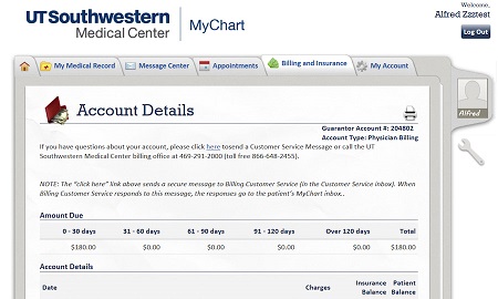 Screenshot of the UT Southwestern MyChart account details page