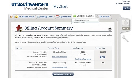 Screenshot of the UT Southwestern MyChart billing account summar