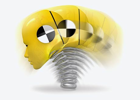 A crash test dummy head with multiple yellow helmets in motion, demonstrating the impact on the head and neck.