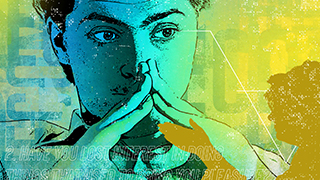 person with their fingers steepled in front of their face