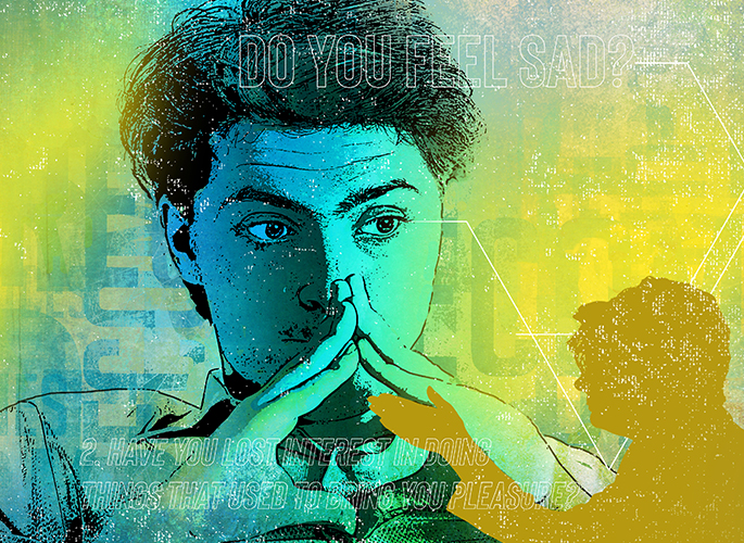 A stylized illustration of a person looking thoughtful or concerned, with their hands clasped over their mouth, representing introspection or worry.