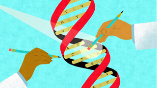 hands with markers and a DNA helix