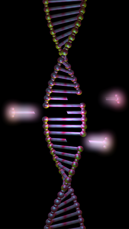 An abstract image of a DNA double helix with parts of the strands being illuminated or edited, symbolizing genetic modification or CRISPR technology.