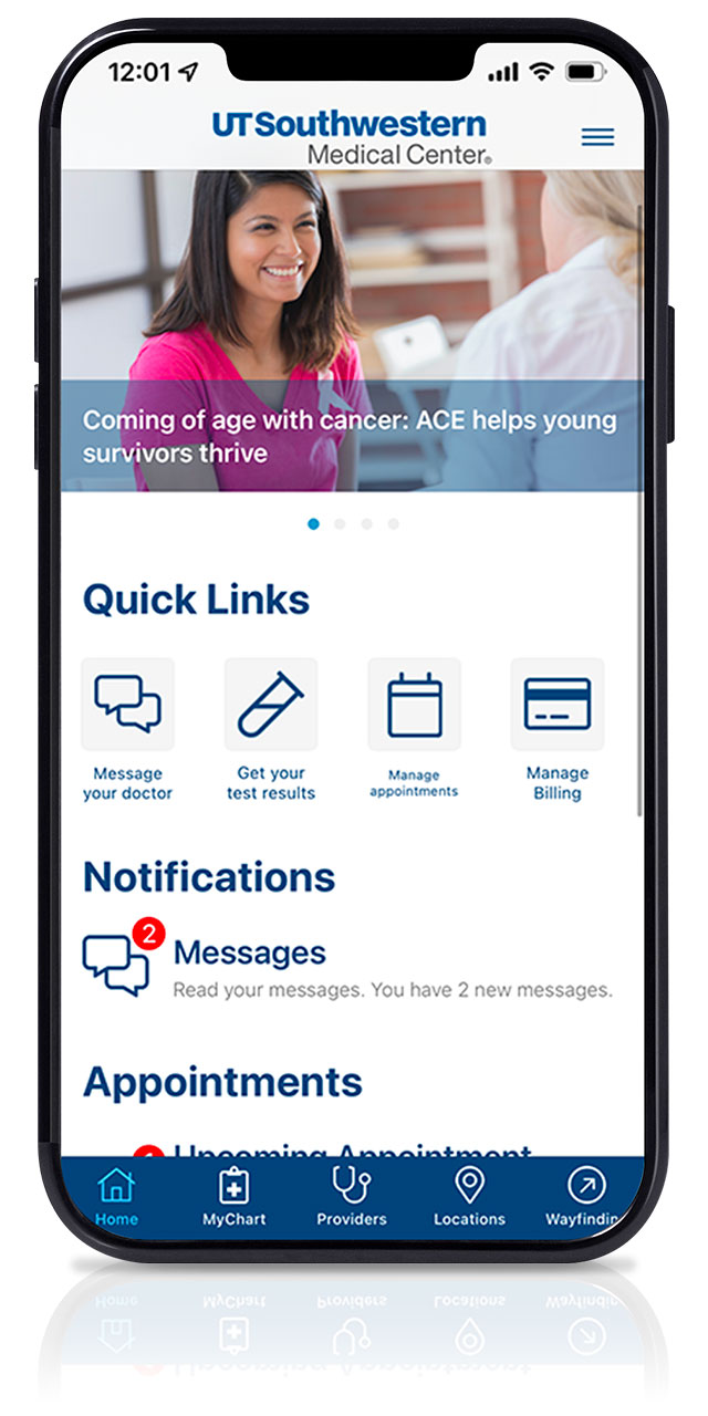 UTSWMyCare app on a phone.