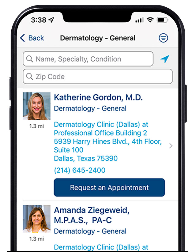 Two doctors displayed on UTSWMyCare app.