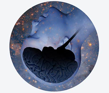 A profile view of an upside down human head with a highlighted brain, depicted in a conceptual and abstract style.