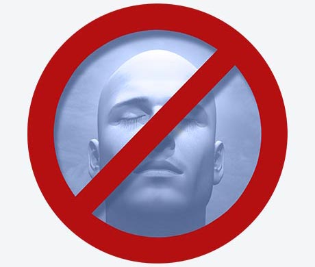 A blue-toned image of a head with eyes closed, overlaid by a red circle and diagonal line, indicating prohibition.