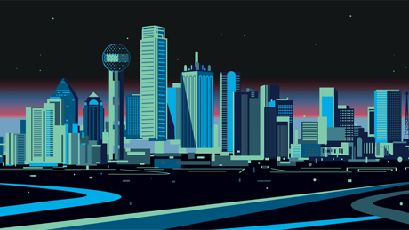 Digital illustration of a city's skyline at night.